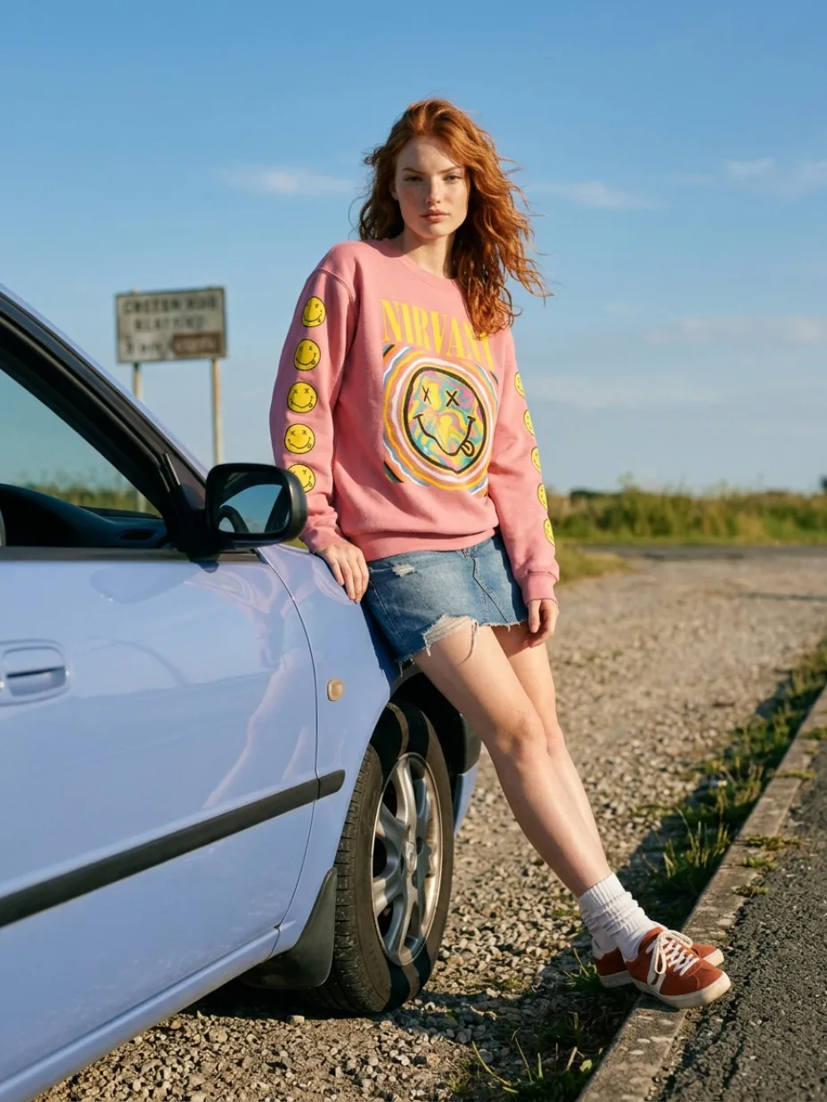 Casual fashion look beside a car in daylight