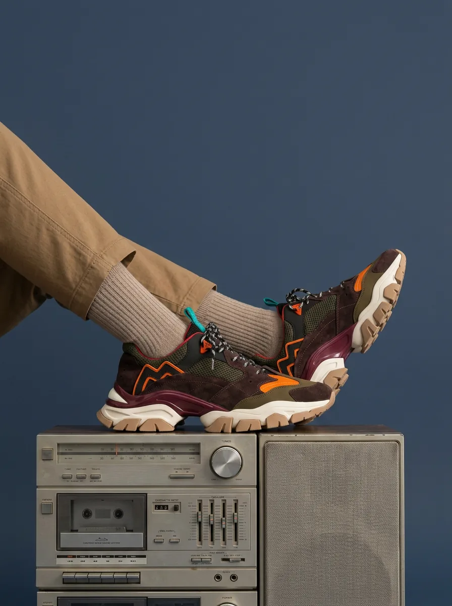 Sneakers worn with feet resting on an elevated surface