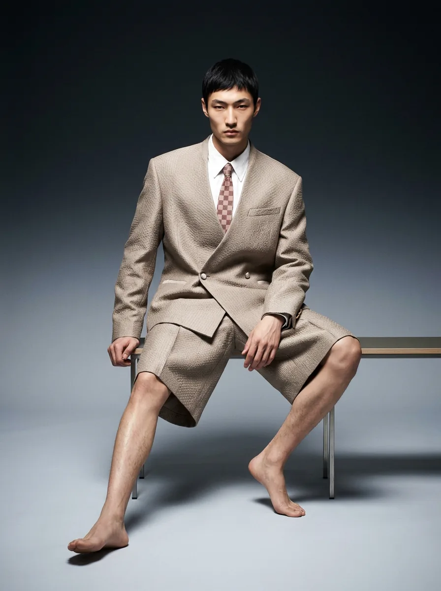 Model seated in a tailored suit in the studio
