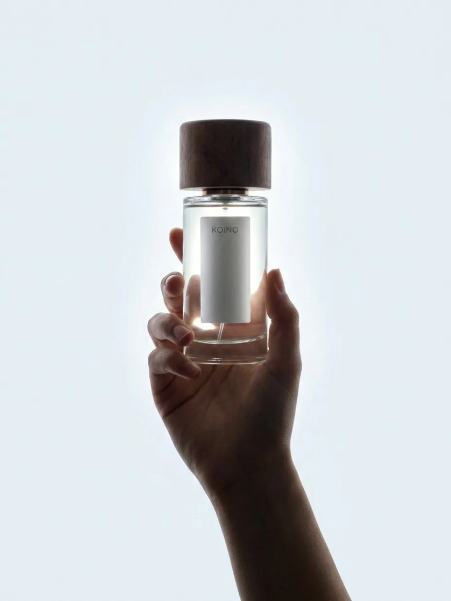 Hand holding a perfume bottle against bright light
