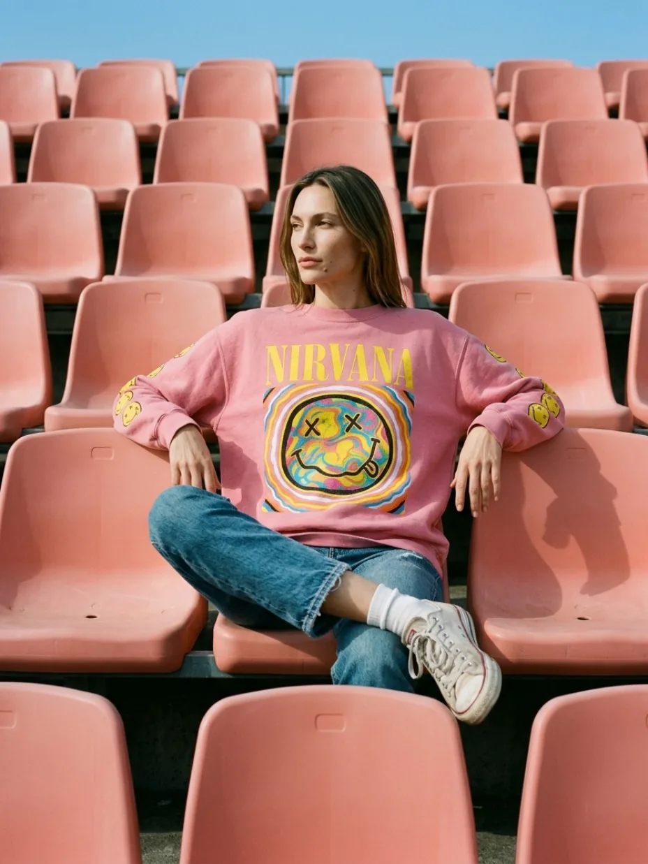 Fashion look seated among colored stadium seats