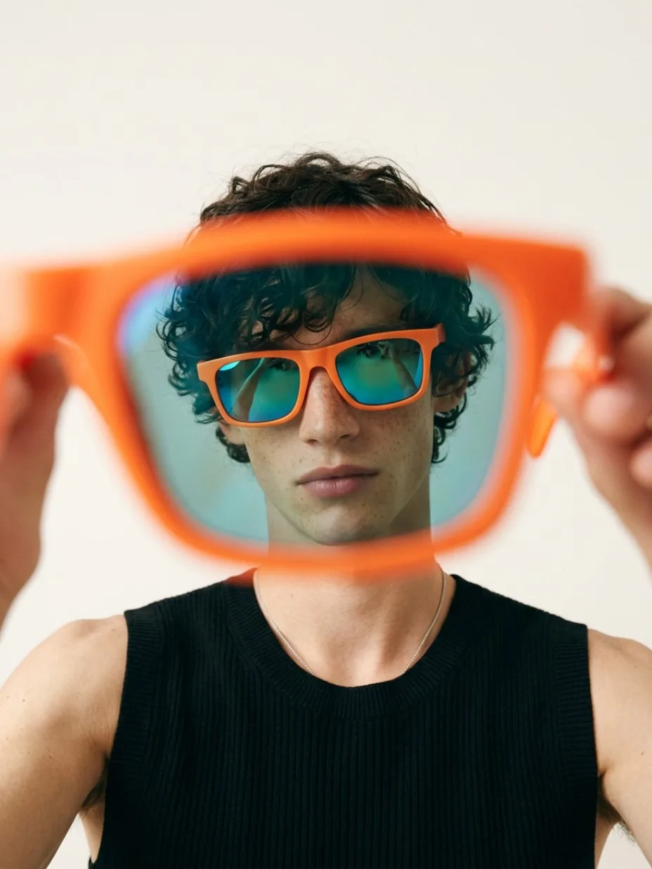 Eyewear portrait viewed through a second frame