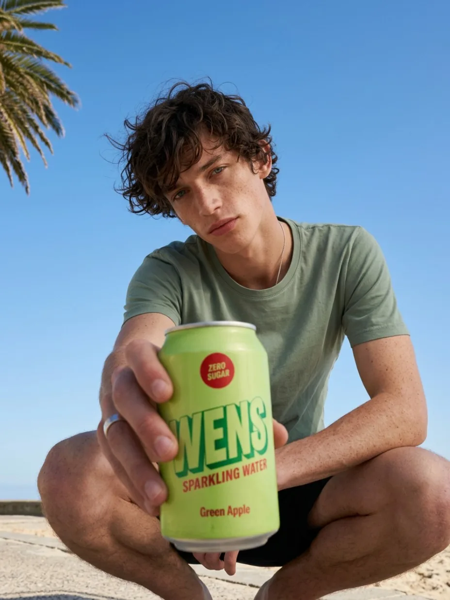 Beverage can offered to the camera outdoors