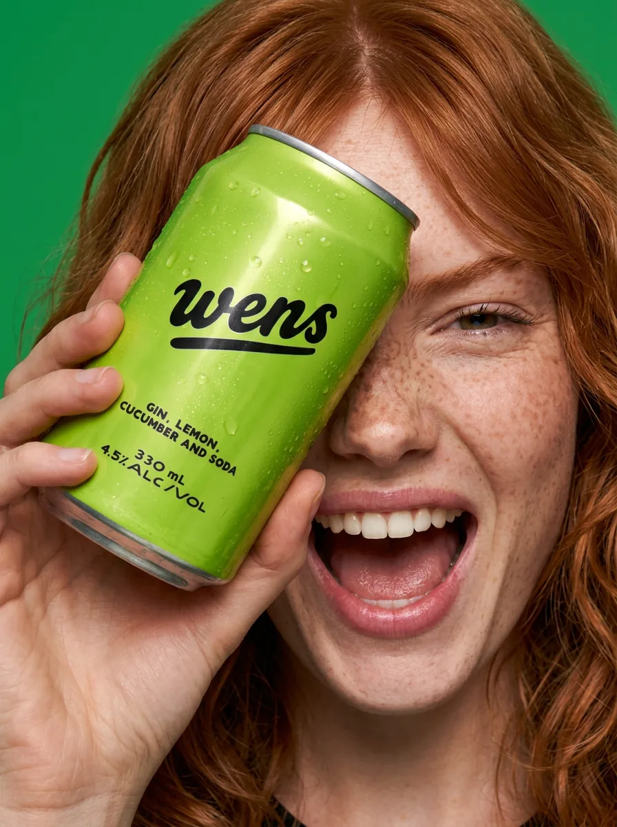 Beverage can alongside an expressive close portrait