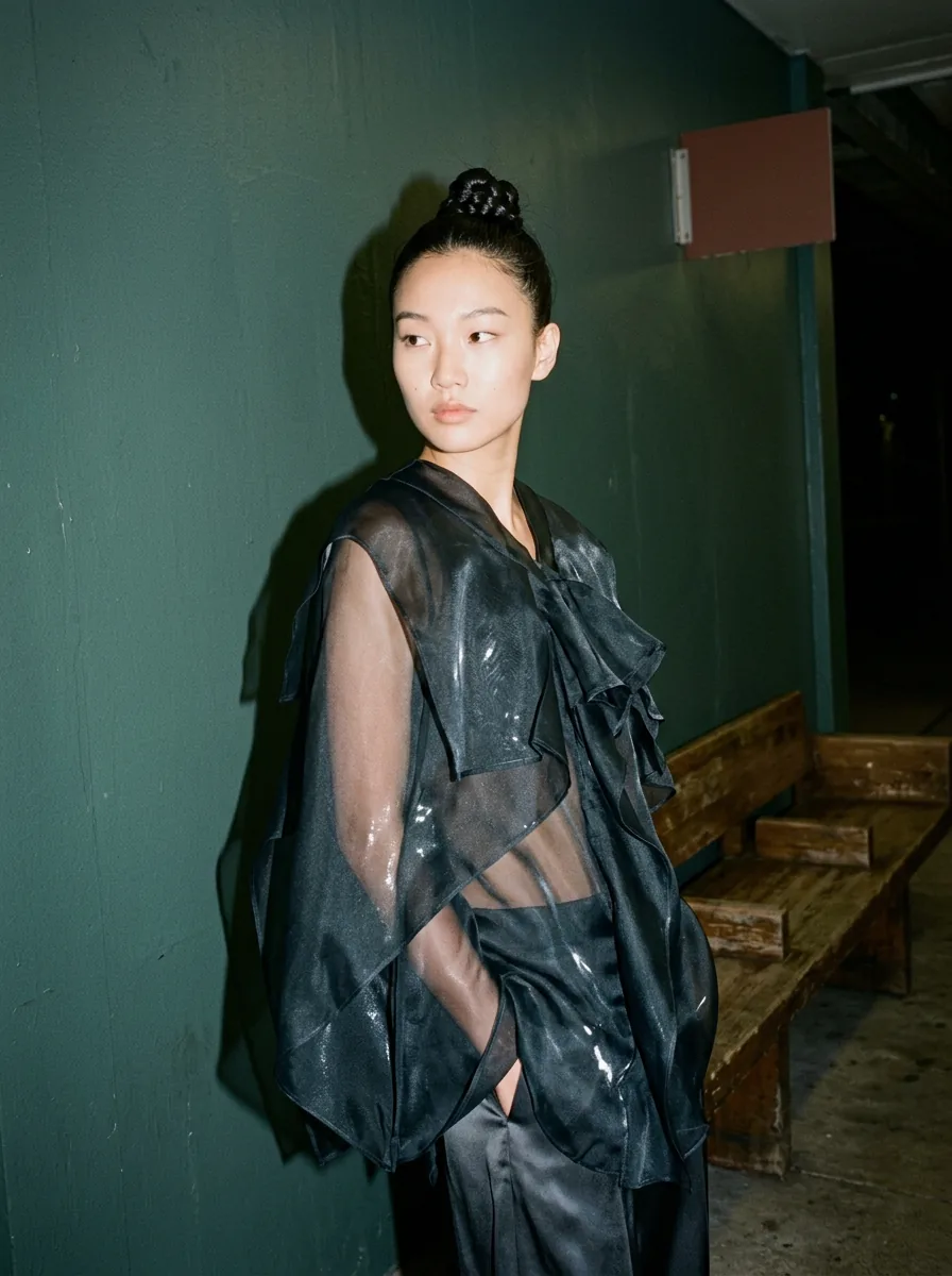 Fashion portrait in an interior photographed with direct flash