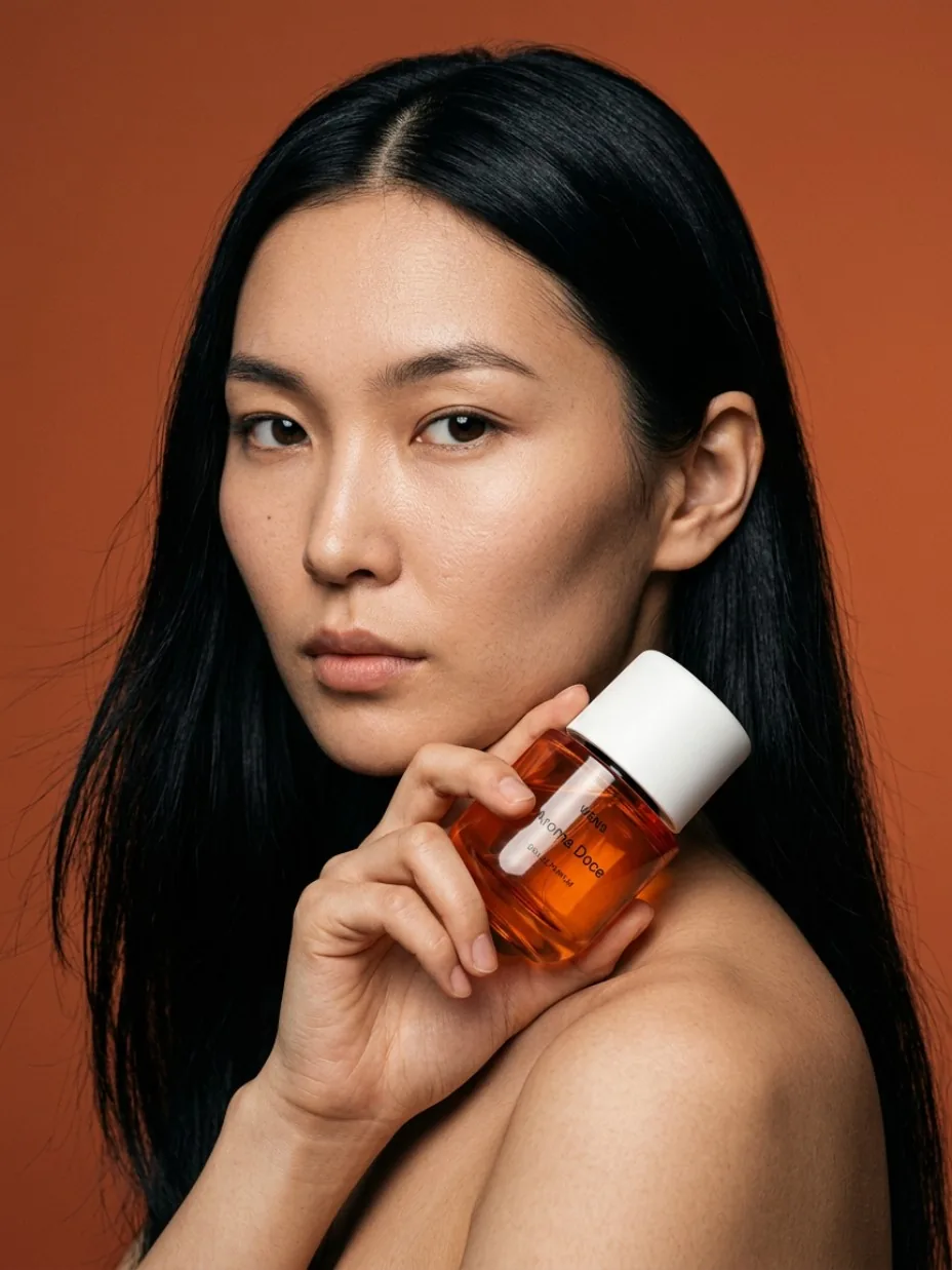 Model holding a skincare bottle beside her face