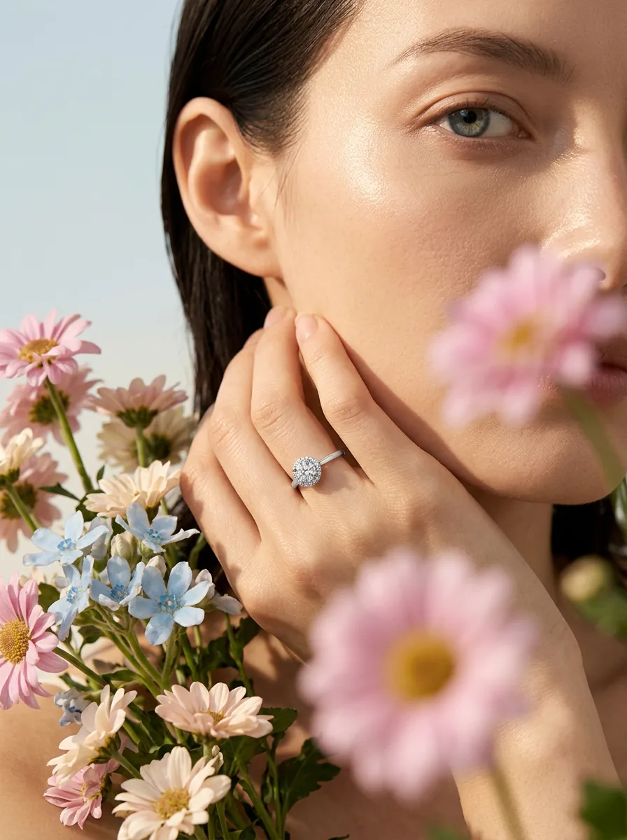 Jewelry photographed with flowers in sunlight