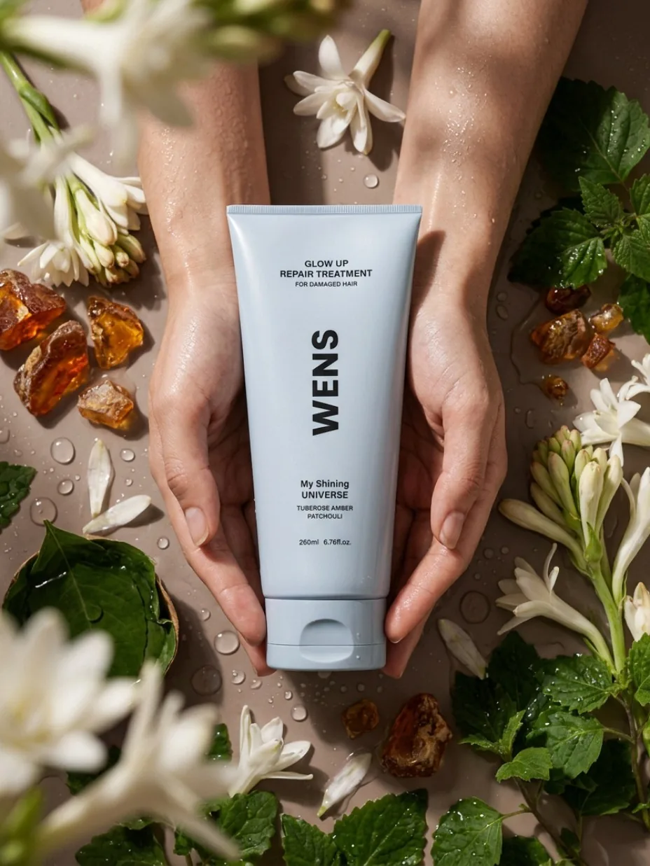 Hands holding a beauty tube among botanical ingredients