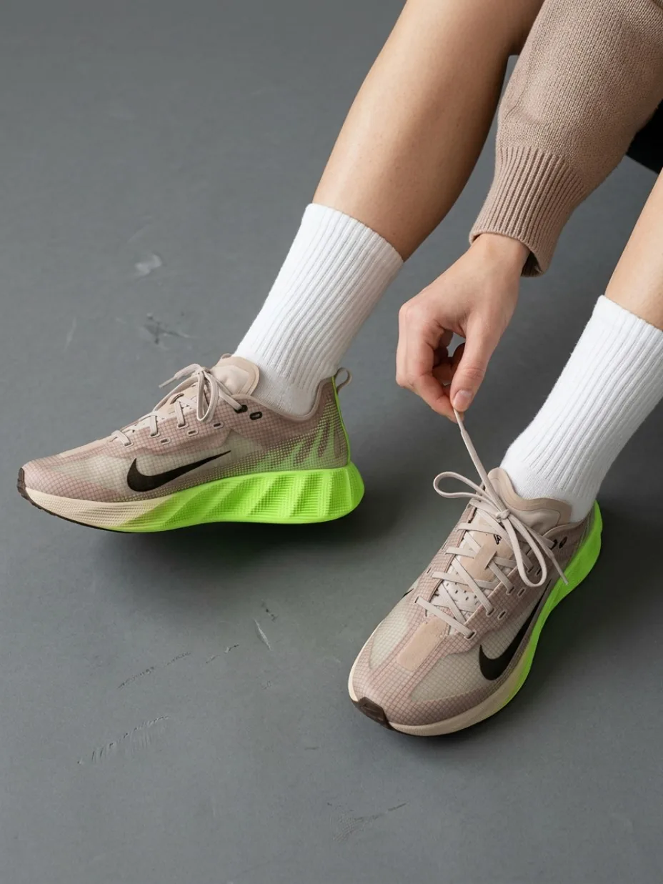 Seated editorial crop with footwear on the floor