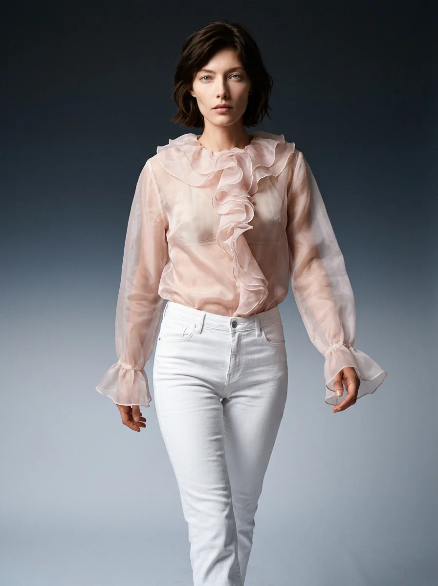 Model walking in a light blouse and trousers