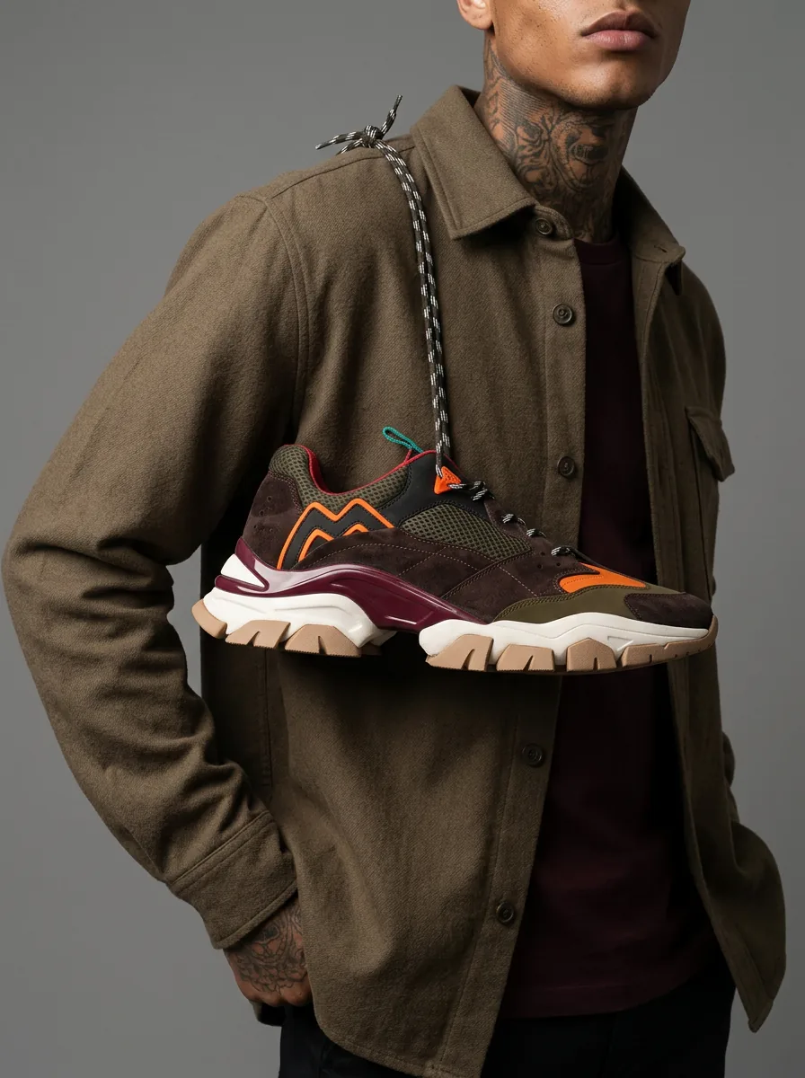 Footwear carried over the shoulder by the laces