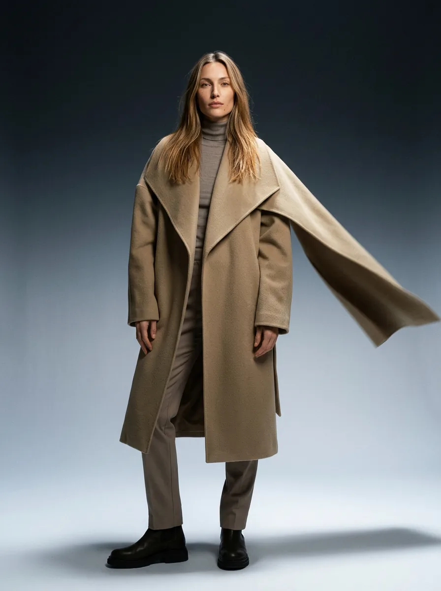 Model wearing a coat against a tonal studio background