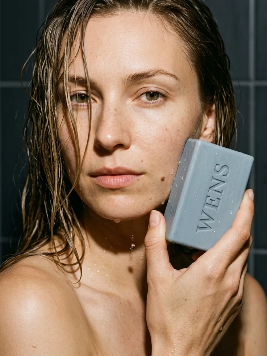 Beauty product held beside a wet skin portrait