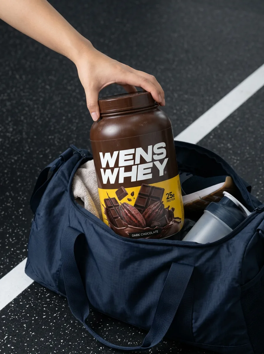 Hand retrieving supplement packaging from a training bag