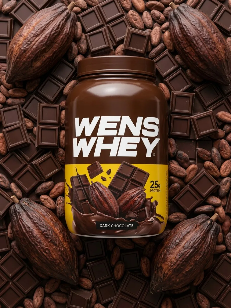 Whey packaging surrounded by cocoa and chocolate