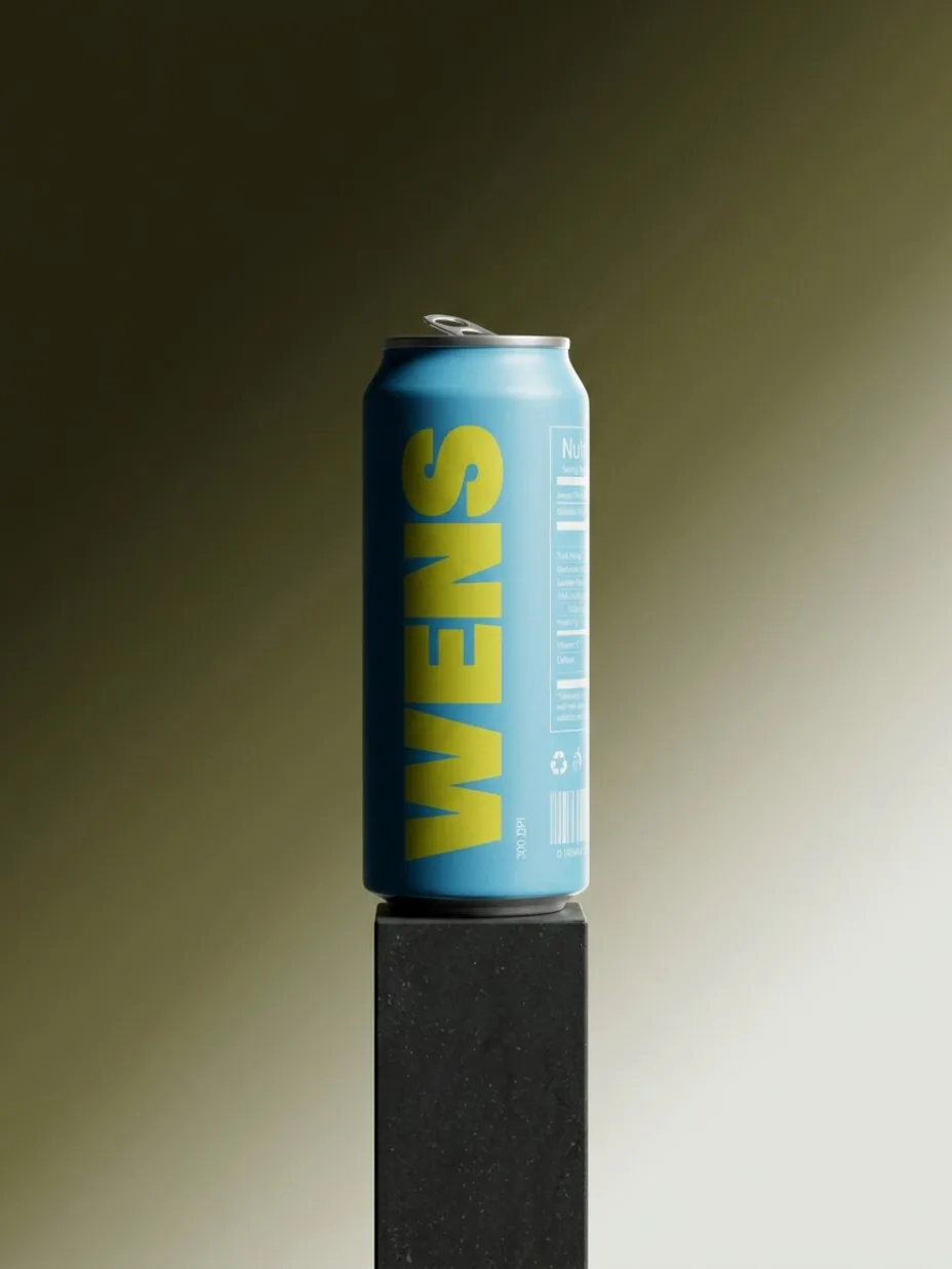 Beverage can on a dark sculptural pedestal