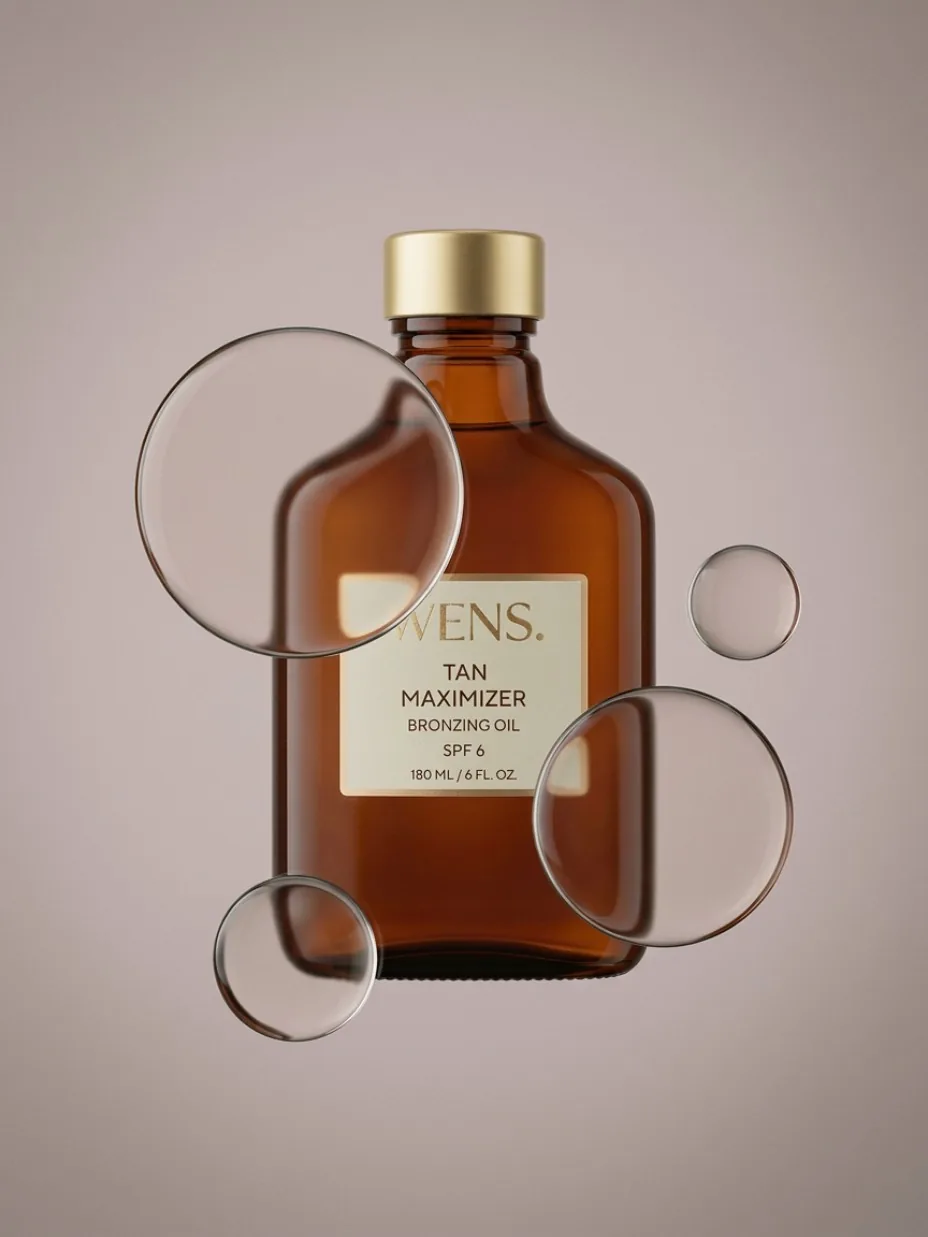 Beauty bottle framed by translucent floating droplets