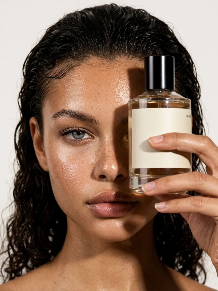 Perfume bottle alongside a close portrait