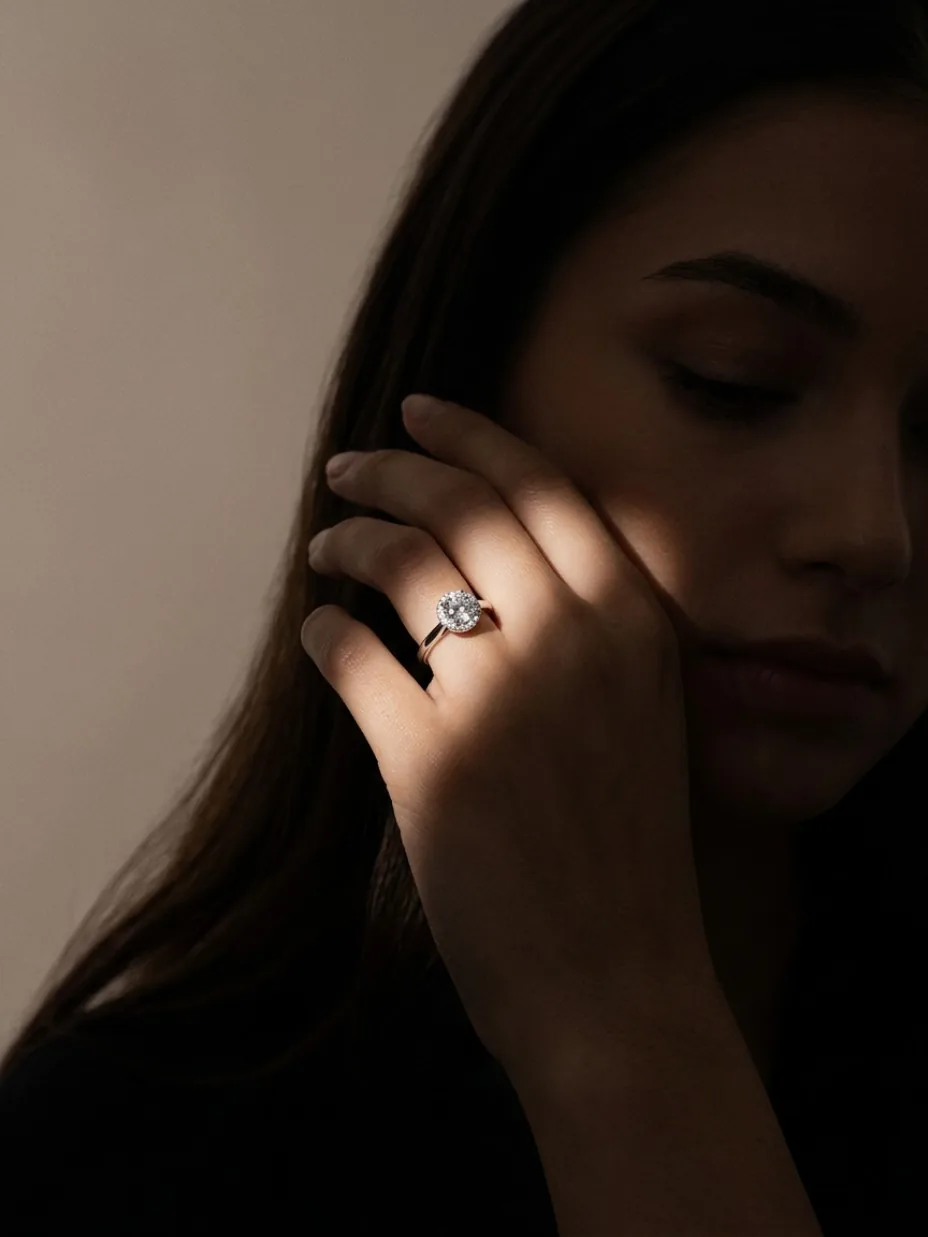 A focused beam of light illuminating a ring worn on a hand