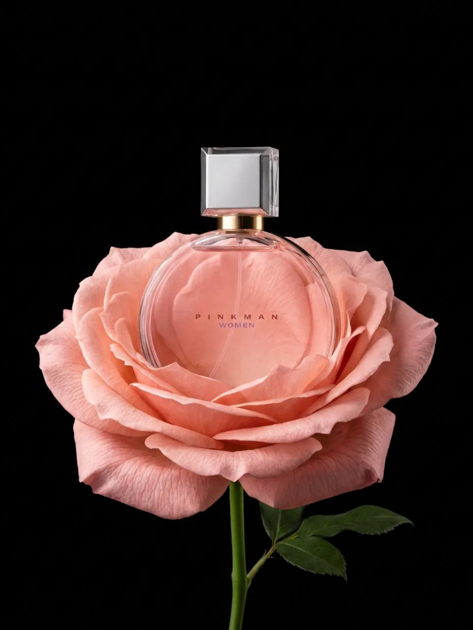 Perfume bottle on a rose