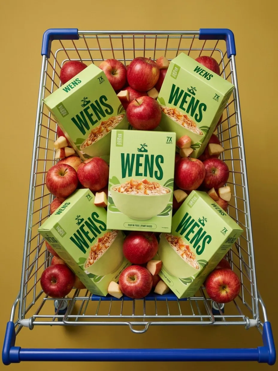 Food packaging among apples in a shopping cart