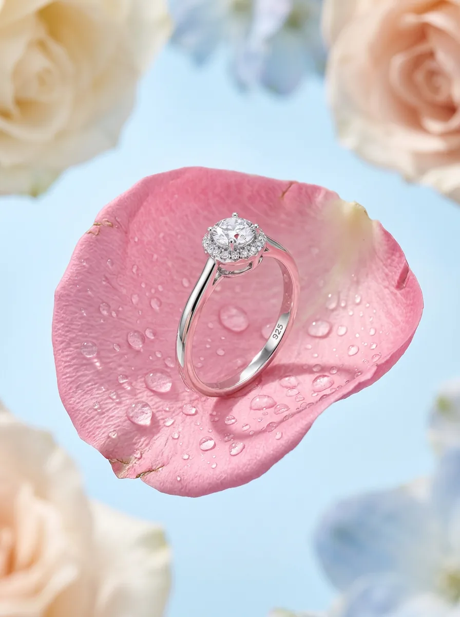 Jewelry in a close composition with petals and dew