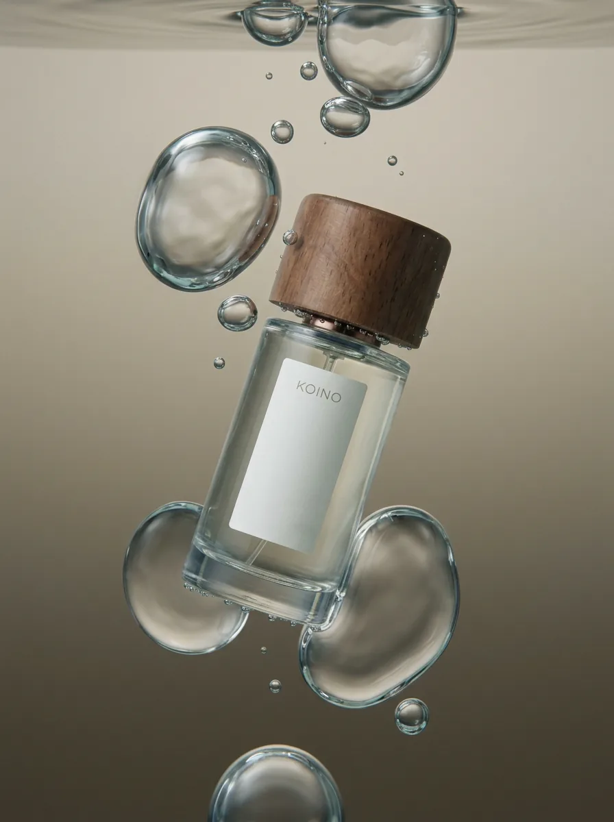 Perfume bottle in a suspended underwater composition