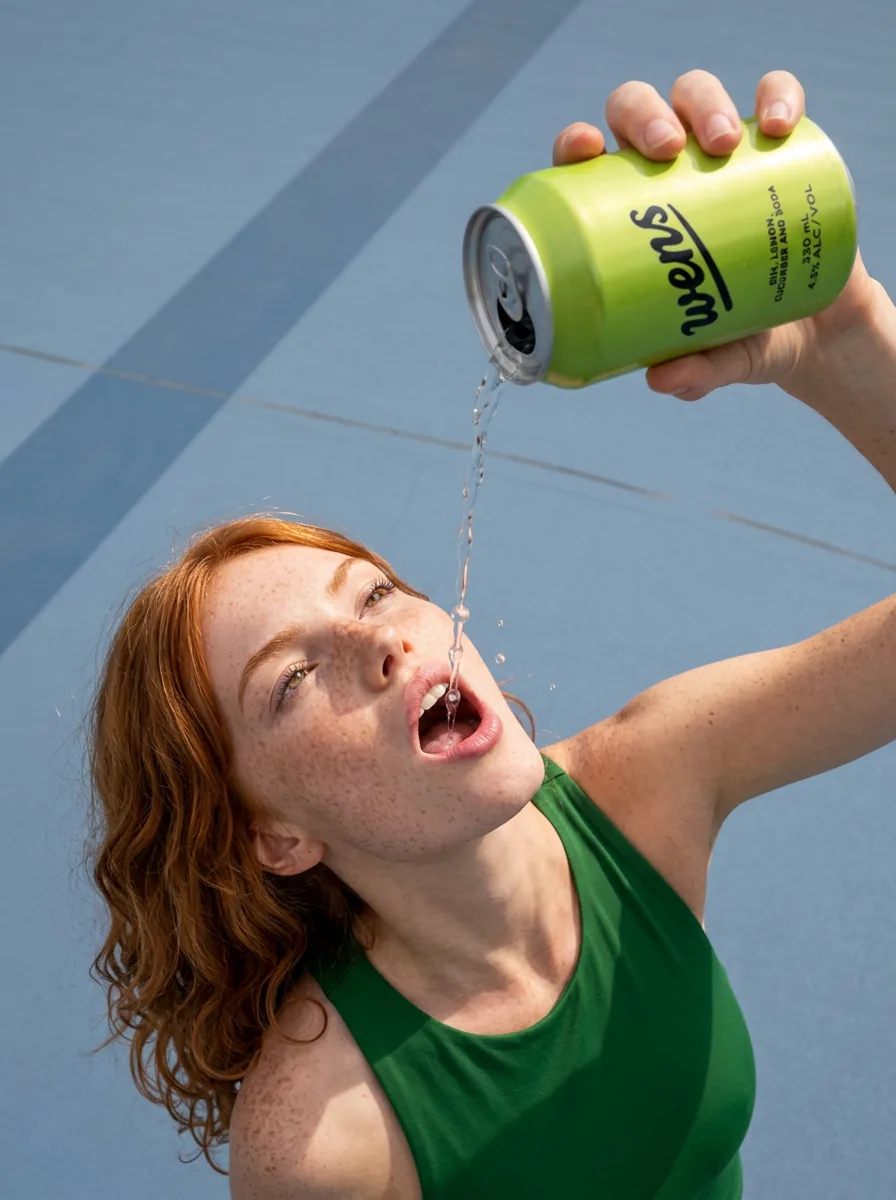 Model pouring a beverage from a can outdoors