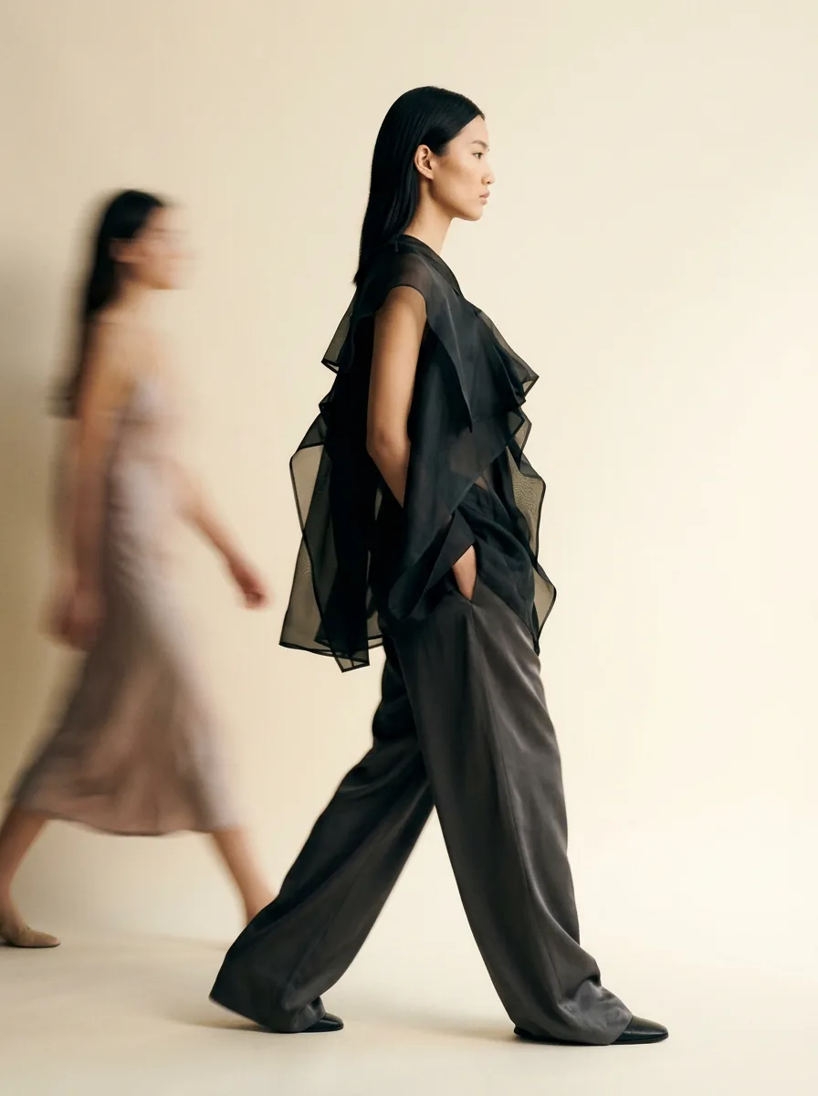 Fashion portrait with people moving through the frame