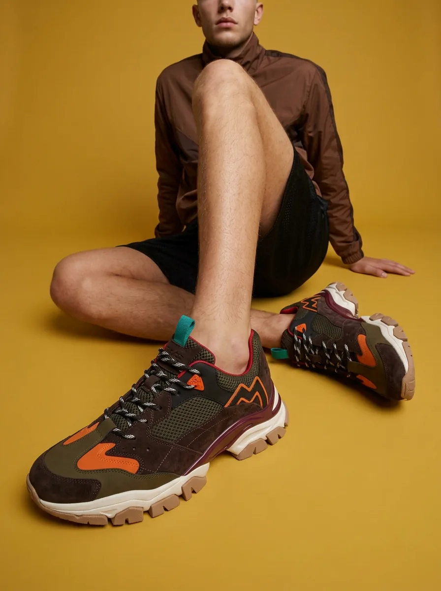 Seated model with sneakers dominating the foreground