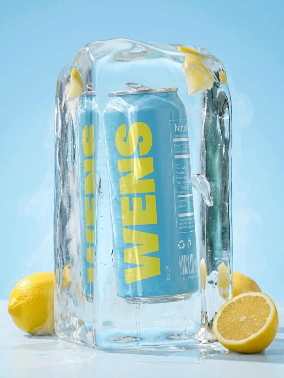Beverage can inside ice with citrus slices