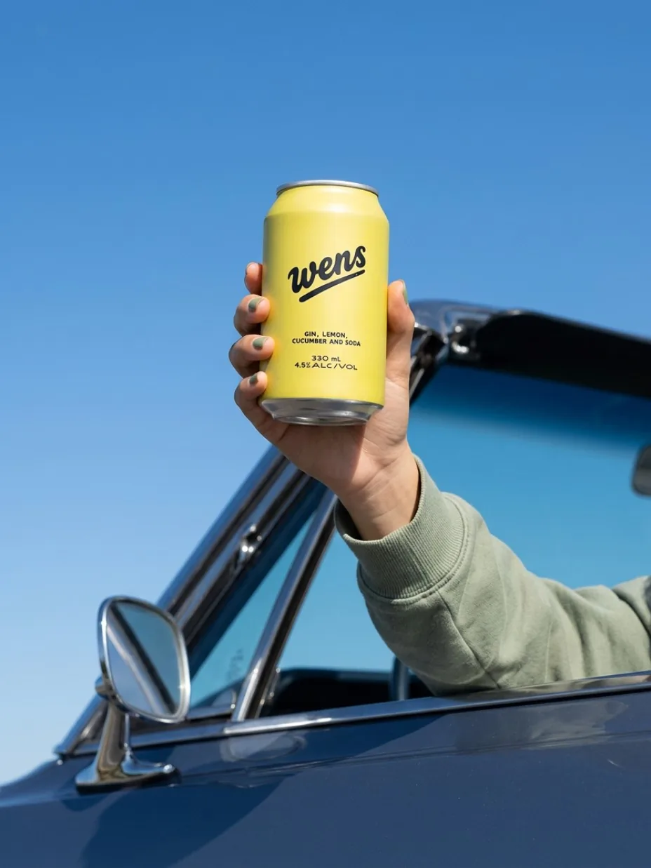 Hand holding a beverage can through a car window